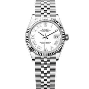 This Oyster Perpetual Datejust 31 in Oystersteel and white gold features a white dial and a Jubilee band.