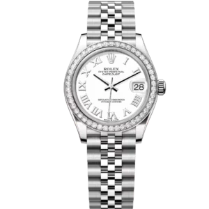 This Oyster Perpetual Datejust 31 in Oystersteel and white gold features a white dial and a Jubilee bracelet.