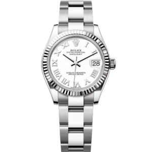 This Oyster Perpetual Datejust 31 in Oystersteel and white gold features a white dial and an Oyster band.