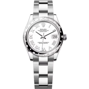 This Oyster Perpetual Datejust 31 in Oystersteel and white gold features a white dial and an Oyster band.