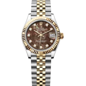 This Oyster Perpetual Datejust 31 in Oystersteel and yellow gold features a black mother-of-pearl, diamond-set dial and a Jubilee band.