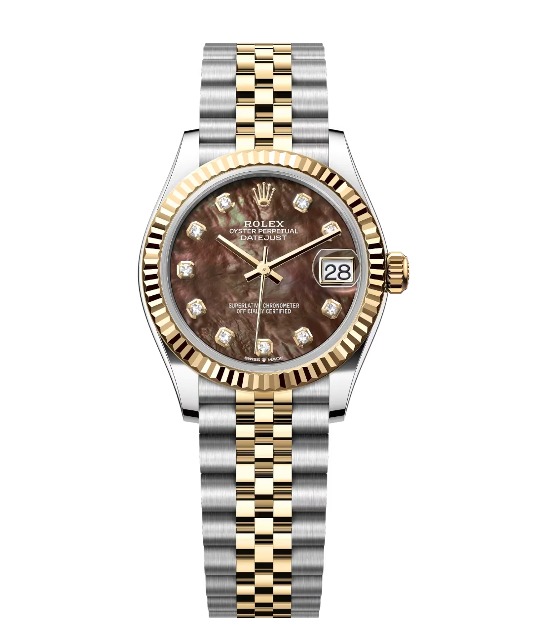 Rolex Datejust 31 Oyster Perpetual Oystersteel and yellow gold black mother-of-pearl, diamond-set dial Jubilee band Reference 278273 1 This Oyster Perpetual Datejust 31 in Oystersteel and yellow gold features a black mother-of-pearl, diamond-set dial and a Jubilee band.