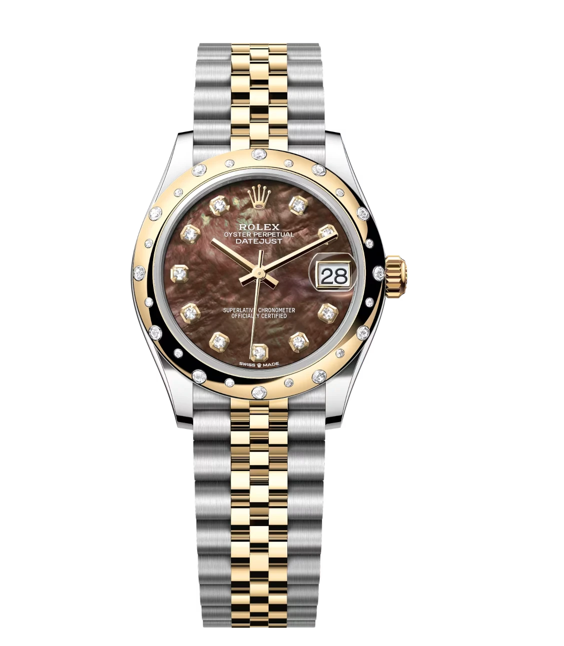 Rolex Datejust 31 Oyster Perpetual Oystersteel and yellow gold black mother-of-pearl, diamond-set dial Jubilee band Reference 278343RBR 1 Rolex Datejust 31 Oyster Perpetual Oystersteel and yellow gold black mother-of-pearl, diamond-set dial Jubilee band Reference 278343RBR