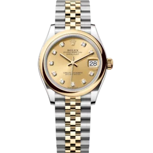 This Oyster Perpetual Datejust 31 in Oystersteel and yellow gold features a champagne colour, diamond-set dial and a Jubilee band.