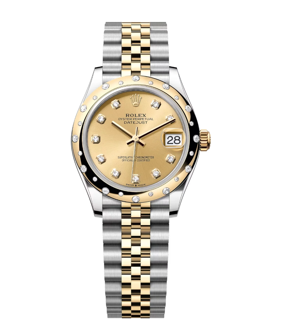 Rolex Datejust 31 Oyster Perpetual Oystersteel and yellow gold champagne colour, diamond-set dial Jubilee band Reference 278343RBR 1 This Oyster Perpetual Datejust 31 in Oystersteel and yellow gold features a champagne colour, diamond-set dial and a Jubilee band.
