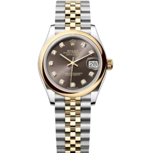 This Oyster Perpetual Datejust 31 in Oystersteel and yellow gold features a dark grey, diamond-set dial and a Jubilee band.