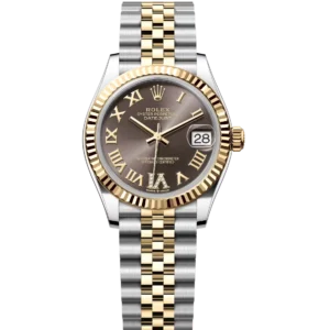 This Oyster Perpetual Datejust 31 in Oystersteel and yellow gold features a dark grey, diamond-set dial and a Jubilee band.