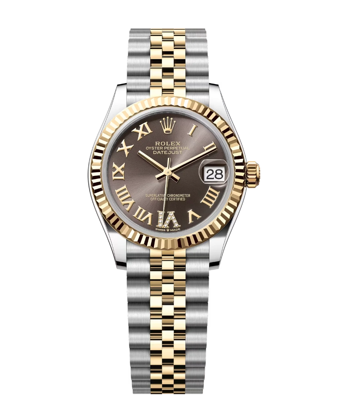 Rolex Datejust 31 Oyster Perpetual Oystersteel and yellow gold dark grey, diamond-set dial Jubilee band Reference 278273 1 This Oyster Perpetual Datejust 31 in Oystersteel and yellow gold features a dark grey, diamond-set dial and a Jubilee band.