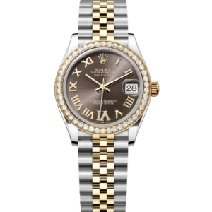 This Oyster Perpetual Datejust 31 in Oystersteel and yellow gold features a dark grey, diamond-set dial and a Jubilee band.