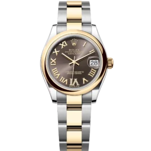 This Oyster Perpetual Datejust 31 in Oystersteel and yellow gold features a dark grey, diamond-set dial and an Oyster band.