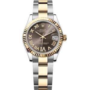 This Oyster Perpetual Datejust 31 in Oystersteel and yellow gold features a dark grey, diamond-set dial and an Oyster band.