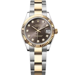 This Oyster Perpetual Datejust 31 in Oystersteel and yellow gold features a dark grey, diamond-set dial and an Oyster band.