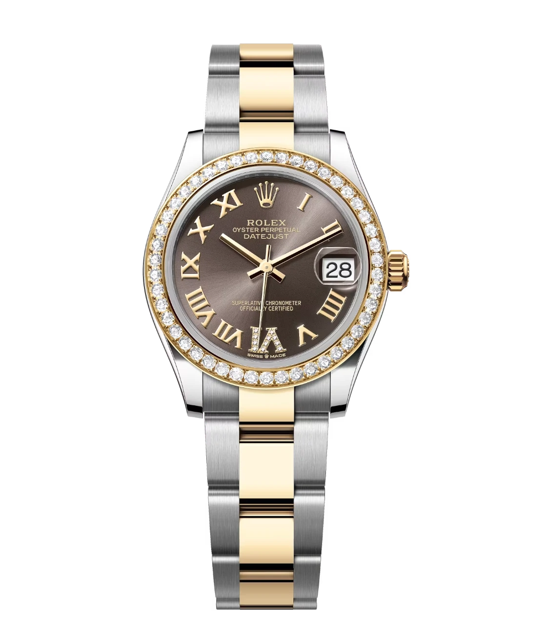 Rolex Datejust 31 Oyster Perpetual Oystersteel and yellow gold dark grey, diamond-set dial Oyster band Reference 278383RBR 1 This Oyster Perpetual Datejust 31 in Oystersteel and yellow gold features a dark grey, diamond-set dial and an Oyster band.
