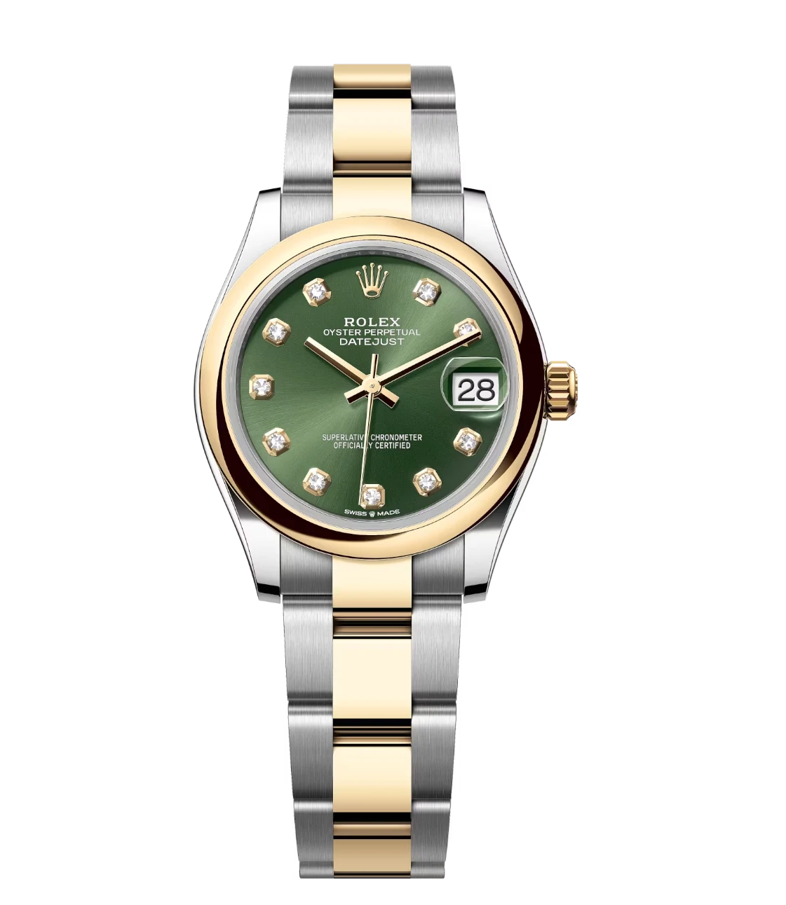 Rolex Datejust 31 Oyster Perpetual Oystersteel and yellow gold olive-green, diamond-set dial Oyster band Reference 278243 1 This Oyster Perpetual Datejust 31 in Oystersteel and yellow gold features an olive-green, diamond-set dial and an Oyster band.