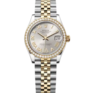 This Oyster Perpetual Datejust 31 in Oystersteel and yellow gold features a silver, diamond-set dial and a Jubilee band.
