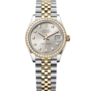 This Oyster Perpetual Datejust 31 in Oystersteel and yellow gold features a silver, diamond-set dial and a Jubilee band.