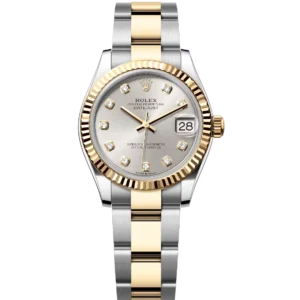 This Oyster Perpetual Datejust 31 in Oystersteel and yellow gold features a silver, diamond-set dial and an Oyster band.