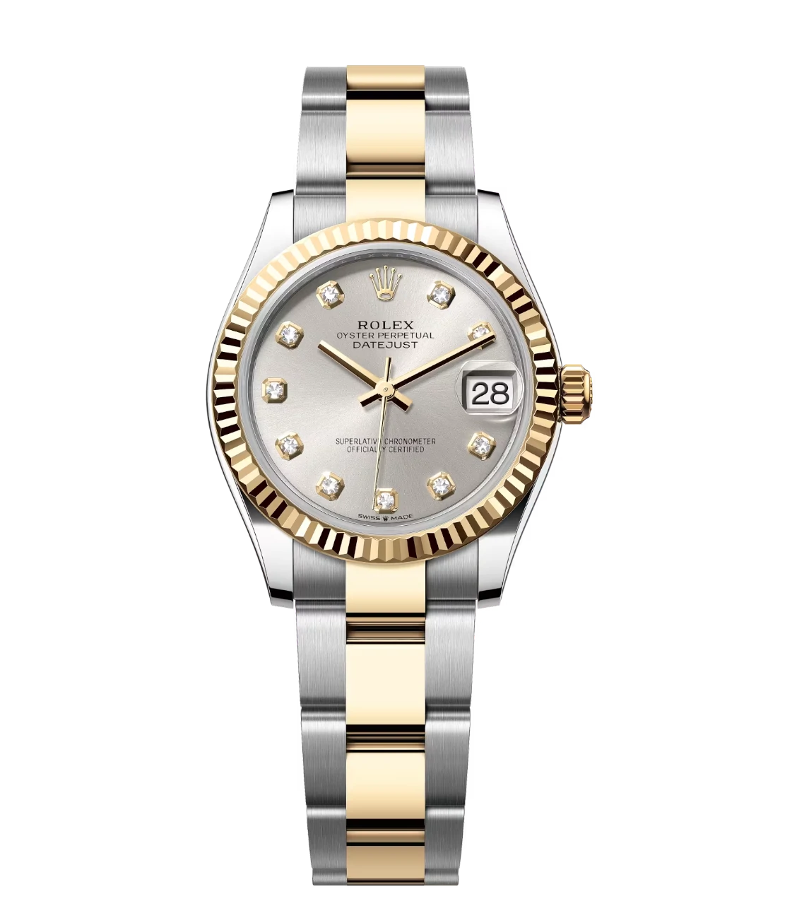 Rolex Datejust 31 Oyster Perpetual Oystersteel and yellow gold silver, diamond-set dial Oyster band Reference 278273 1 This Oyster Perpetual Datejust 31 in Oystersteel and yellow gold features a silver, diamond-set dial and an Oyster band.