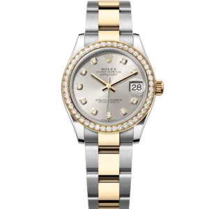This Oyster Perpetual Datejust 31 in Oystersteel and yellow gold features a silver, diamond-set dial and an Oyster bracelet.