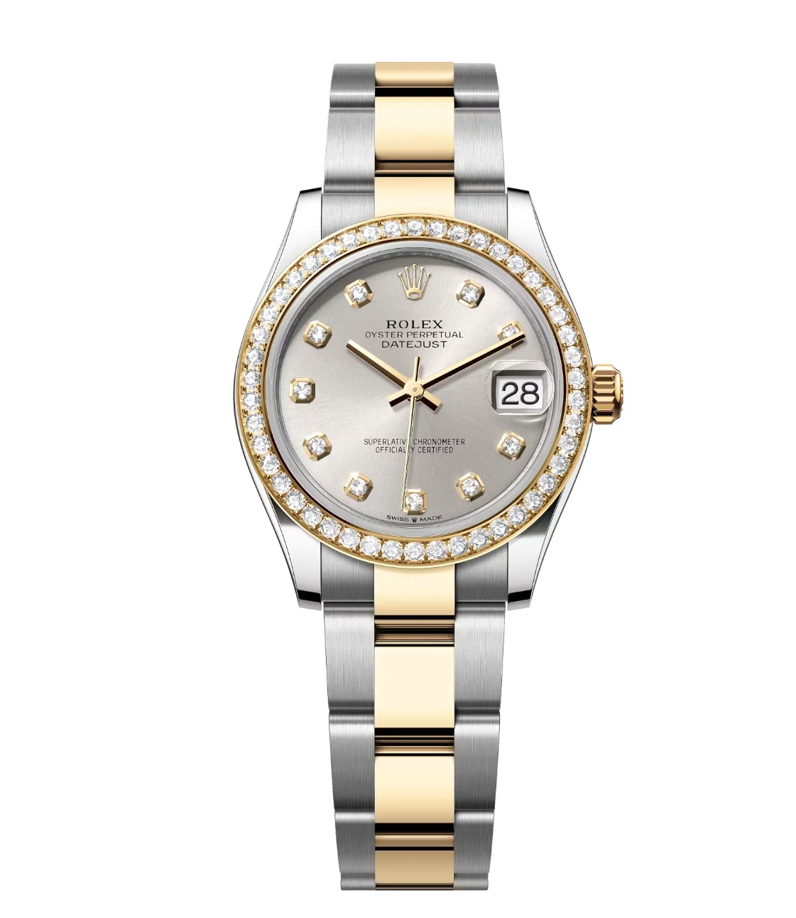 Rolex Datejust 31 Oyster Perpetual Oystersteel and yellow gold silver, diamond-set dial Oyster band Reference 278383RBR 1 This Oyster Perpetual Datejust 31 in Oystersteel and yellow gold features a silver, diamond-set dial and an Oyster bracelet.