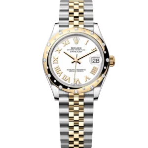This Oyster Perpetual Datejust 31 in Oystersteel and yellow gold features a white dial and a Jubilee bracelet.