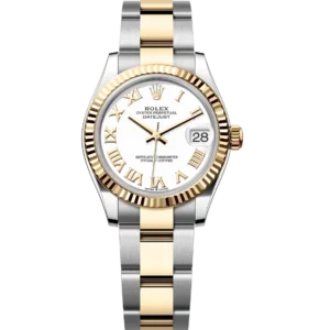 This Oyster Perpetual Datejust 31 in Oystersteel and yellow gold features a white dial and an Oyster band.