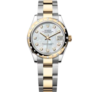 This Oyster Perpetual Datejust 31 in Oystersteel and yellow gold features a white mother-of-pearl, diamond-set dial and an Oyster bracelet.