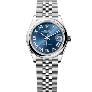 This Oyster Perpetual Datejust 31 in Oystersteel features a bright blue dial and a Jubilee band.