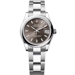 This Oyster Perpetual Datejust 31 in Oystersteel features a dark grey dial and an Oyster band.