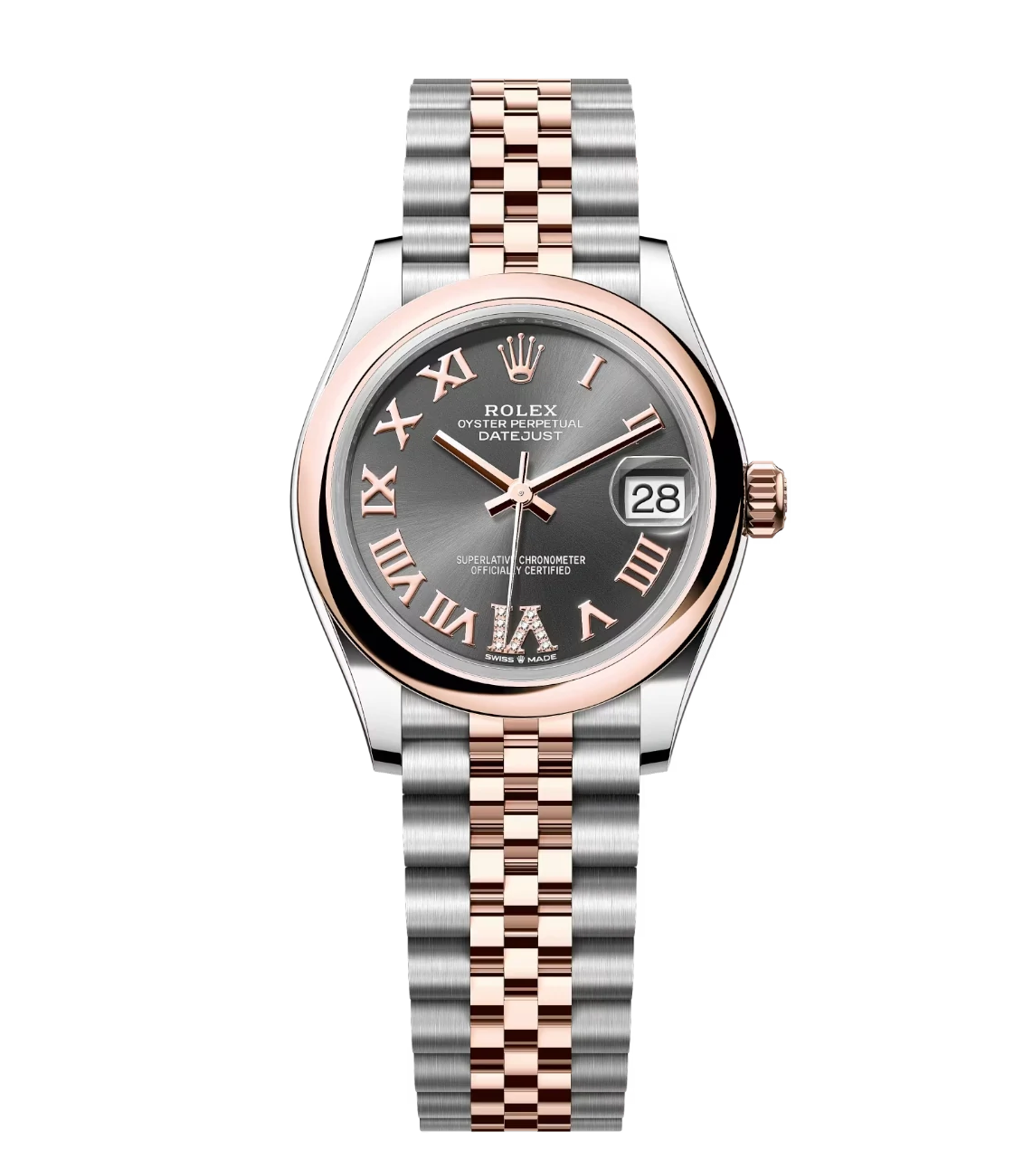 Rolex Datejust 31 Oyster Perpetual Oystersteel Everose gold slate, diamond-set Jubilee band Reference 278241 1 This Oyster Perpetual Datejust 31 in Oystersteel and Everose gold features a slate, diamond-set dial and a Jubilee bracelet.