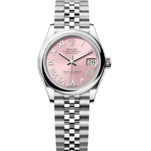 This Oyster Perpetual Datejust 31 in Oystersteel features a pink dial and a Jubilee band.