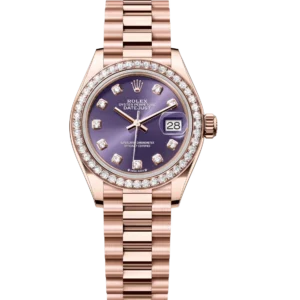 Rolex Lady-Datejust 28 Oyster Perpetual 18 ct Everose gold aubergine, diamond-set dial President band Reference 279135RBR