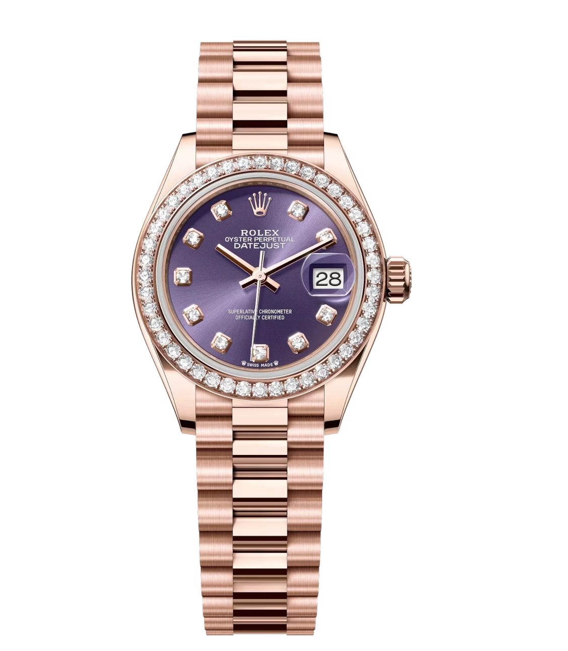 Rolex Lady-Datejust 28 Oyster Perpetual 18 ct Everose gold aubergine, diamond-set dial President band Reference 279135RBR 1 Rolex Lady-Datejust 28 Oyster Perpetual 18 ct Everose gold aubergine, diamond-set dial President band Reference 279135RBR
