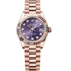 Rolex Lady-Datejust 28 Oyster Perpetual 18 ct Everose gold aubergine, diamond-set dial President band Reference 279175