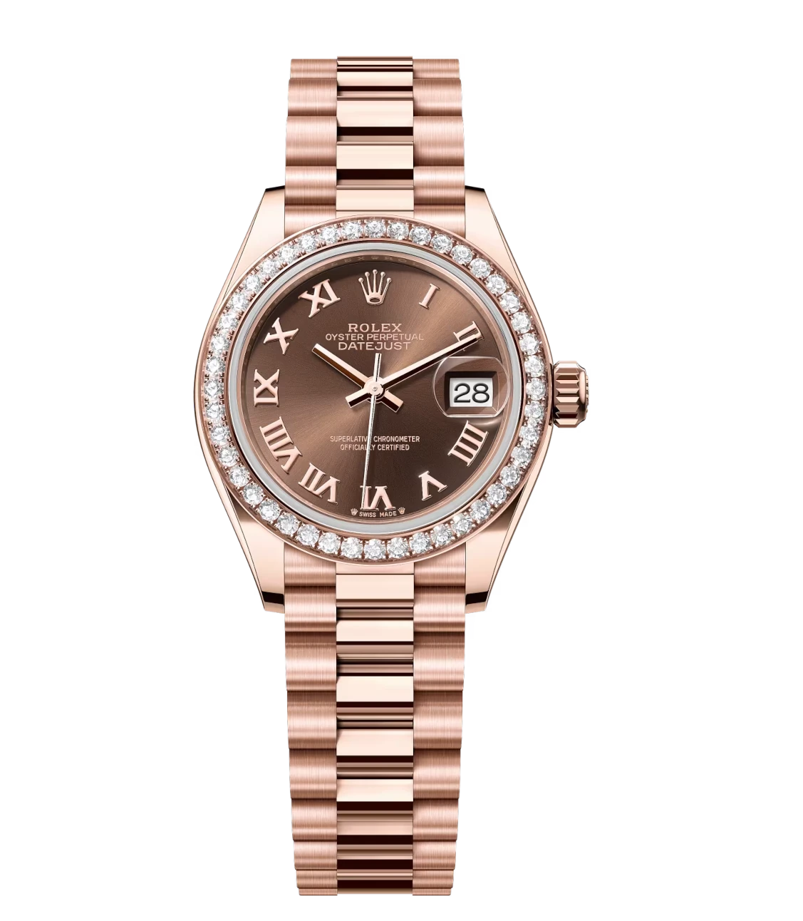 Rolex Lady-Datejust 28 Oyster Perpetual 18 ct Everose gold chocolate dial President band Reference 279135RBR 1 Rolex Lady-Datejust 28 Oyster Perpetual 18 ct Everose gold chocolate dial President band Reference 279135RBR