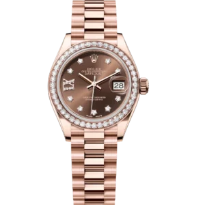 Rolex Lady-Datejust 28 Oyster Perpetual 18 ct Everose gold chocolate, diamond-set dial President band Reference 279135RBR