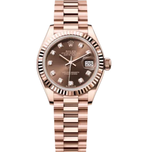 Rolex Lady-Datejust 28 Oyster Perpetual 18 ct Everose gold chocolate, diamond-set dial President band Reference 279175