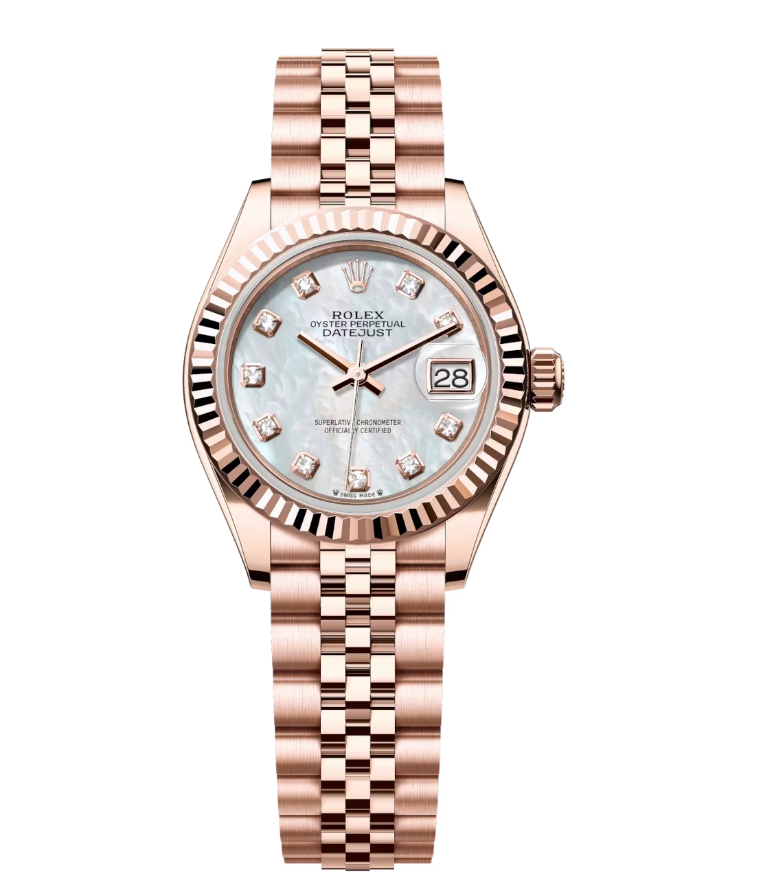 Rolex Lady-Datejust 28 Oyster Perpetual 18 ct Everose gold white mother-of-pearl, diamond-set dial Jubilee band Reference 279175 1 Rolex Lady-Datejust 28 Oyster Perpetual 18 ct Everose gold white mother-of-pearl, diamond-set dial Jubilee band Reference 279175