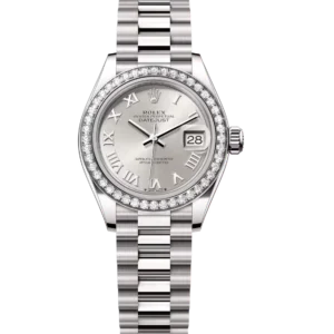 Rolex Lady-Datejust 28 Oyster Perpetual 18 ct white gold silver dial President band Reference 279139RBR