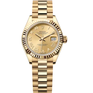 Rolex Lady-Datejust 28 Oyster Perpetual 18 ct yellow gold champagne-colour dial President band Reference 279178