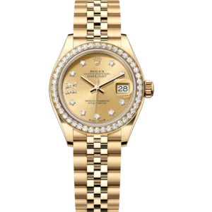 Rolex Lady-Datejust 28 Oyster Perpetual 18 ct yellow gold champagne colour, diamond-set dial Jubilee band Reference 279138RBR