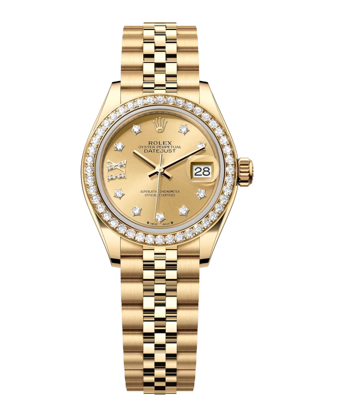 Rolex Lady-Datejust 28 Oyster Perpetual 18 ct yellow gold champagne colour, diamond-set dial Jubilee band Reference 279138RBR 1 Rolex Lady-Datejust 28 Oyster Perpetual 18 ct yellow gold champagne colour, diamond-set dial Jubilee band Reference 279138RBR