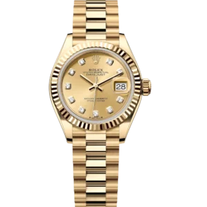 Rolex Lady-Datejust 28 Oyster Perpetual 18 ct yellow gold champagne colour, diamond-set dial President band Reference 279178