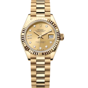 Rolex Lady-Datejust 28 Oyster Perpetual 18 ct yellow gold champagne colour, diamond-set dial President band Reference 279178