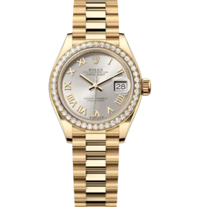 Rolex Lady-Datejust 28 Oyster Perpetual 18 ct yellow gold silver dial President band Reference 279138RBR