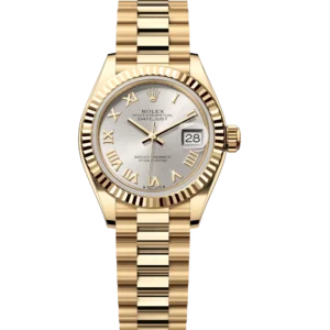 Rolex Lady-Datejust 28 Oyster Perpetual 18 ct yellow gold silver dial President band Reference 279178