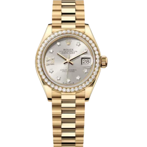 Rolex Lady-Datejust 28 Oyster Perpetual 18 ct yellow gold silver, diamond-set dial President band Reference 279138RBR