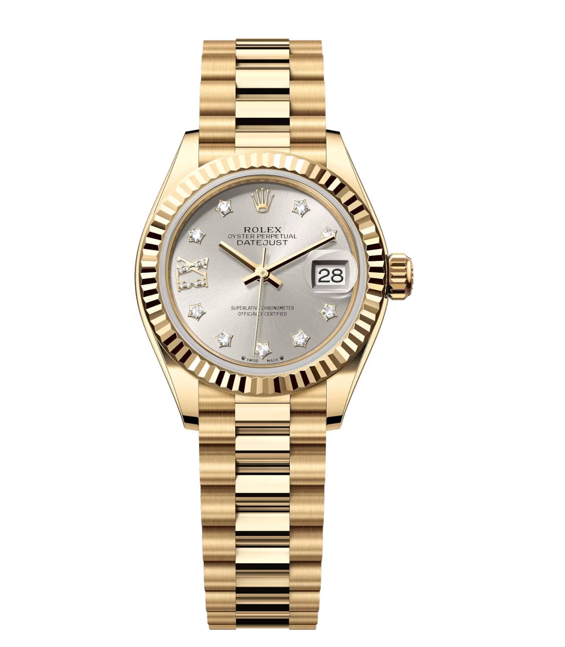 Rolex Lady-Datejust 28 Oyster Perpetual 18 ct yellow gold silver, diamond-set dial President band Reference 279178 1 Rolex Lady-Datejust 28 Oyster Perpetual 18 ct yellow gold silver, diamond-set dial President band Reference 279178