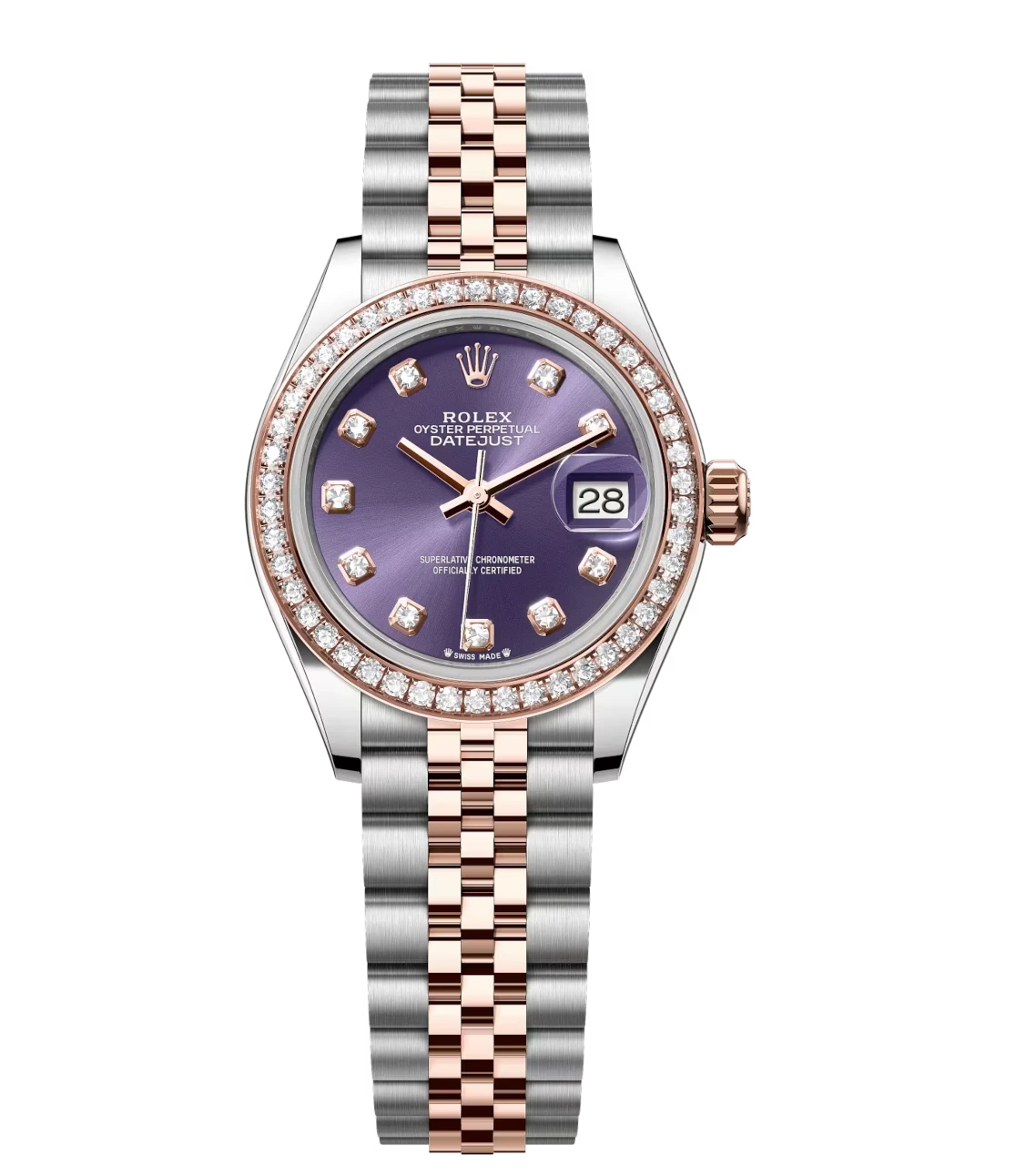 Rolex Lady-Datejust 28 Oyster Perpetual Oystersteel and Everose gold aubergine, diamond-set dial Jubilee band Reference 279381RBR 1 Rolex Lady-Datejust 28 Oyster Perpetual Oystersteel and Everose gold aubergine, diamond-set dial Jubilee band Reference 279381RBR