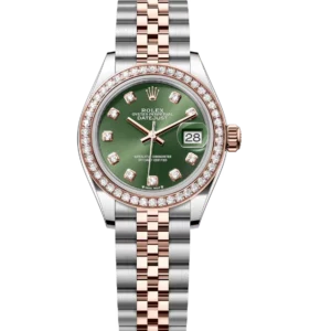 Rolex Lady-Datejust 28 Oyster Perpetual Oystersteel and Everose gold olive-green, diamond-set dial Jubilee band Reference 279381RBR